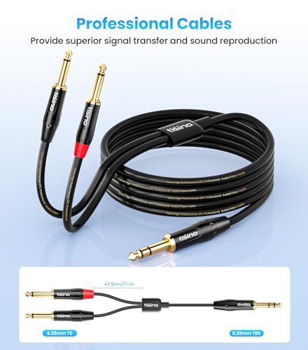 tisino 1/4 inch TRS Stereo to Dual 1/4 inch TS Mono Insert Cable Y-Splitter Stereo Breakout Cable Patch Cord - 3.3 feet | 1/4"（6.35mm） TRS Stereo Jack to Dual 1/4"（6.35mm） TS Mono Y-Splitter Aux Lead for Mixer & Studio, Gold-Plated OFC - size: 3.3 feet