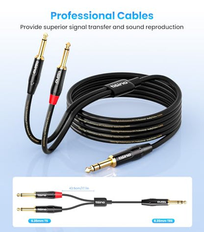 tisino 1/4 inch TRS Stereo to Dual 1/4 inch TS Mono Insert Cable Y-Splitter Stereo Breakout Cable Patch Cord - 6.6 feet | 1/4"（6.35mm） TRS Stereo Jack to Dual 1/4"（6.35mm） TS Mono Y-Splitter Aux Lead for Mixer & Studio, Gold-Plated OFC - size: 6.6 feet