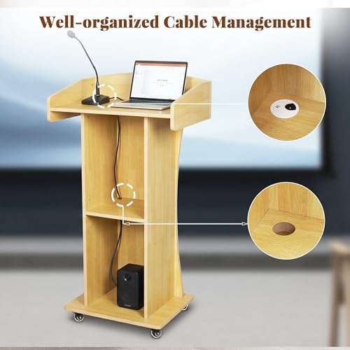 Podium Stand with Metal Wheels Wooden Lectern Podium Stand Portable Pulpit Standing with Storage Mobile Reception Podiums Desk for Church Office School Conference Restaurant Meeting,Oak - color: Wood