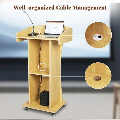 Podium Stand with Metal Wheels Wooden Lectern Podium Stand Portable Pulpit Standing with Storage Mobile Reception Podiums Desk for Church Office School Conference Restaurant Meeting,Oak - color: Wood