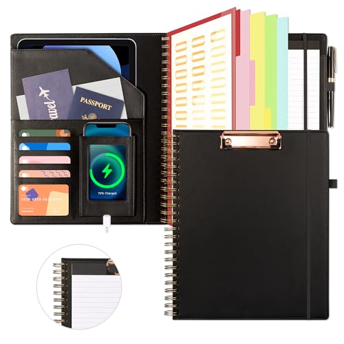 Ospelelf Clipboard with Storage for Men Women, Leather Padfolio Portfolio Organizer 5 Folders with 10 Pockets, Spiral Clipboard Folio with Notepad for Letter Size, Elastic Closure and Pen Loop Black - color: Black