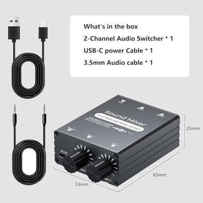 2 Channel Stereo Audio Mixer - 3.5mm Mini Mixers Audio with Dual Volume Control Knobs, Aluminum Shell, 2 in 1 Out Small Audio Switch for PC Headphone Speaker Monitor Projector Live Streaming