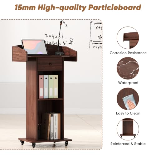 Portable Podium Stand with Metal Wheels, Rolling Podium with Drawer and Adjustable Shelf, Mobile Pulpit for Church, Wooden Lectern for Classroom Office Restaurant Conference (Brown) - color: Brown