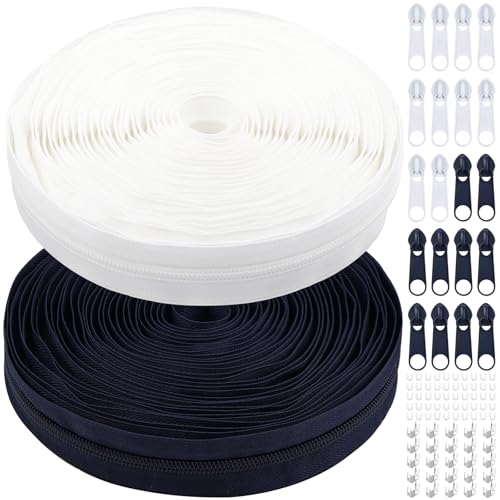 MicButty The Yards 10 Yards Bulk Zipper - (#5) Zippers, Nylon Coil with 20PCS Sliders for DIY Sewing Bags - color: Navy Blue and White