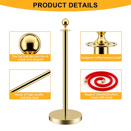 LOVMOR Stainless Steel Stanchion Post, 5 FT Red Carpet Ropes and Poles, 4 pcs Gold Stanchions with Red Rope, Hollow Base and Velvet Ropes Safety Barriers Set, Carpet Runner for Party - color: Gold-4pack