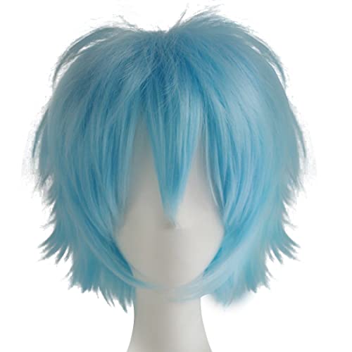 LABEAUTÉ Short Aqua Blue Anime Cosplay Wig Male Men Anime Layered Unisex Heat Resistant Hair Wig with Bangs for Party and Halloween for Gift + Free Cap - color: Aqua Blue