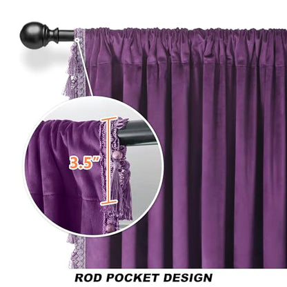 Fazhesici Purple Velvet Blackout Curtains, Rod Pocket 2 Panels, 52”W x 84”H | Velvet Drapes with Tassels, Thermal Soundproof Blackout Curtains for Living Room - color: Purple, size: 52"W x 84"L (Pack of 2)