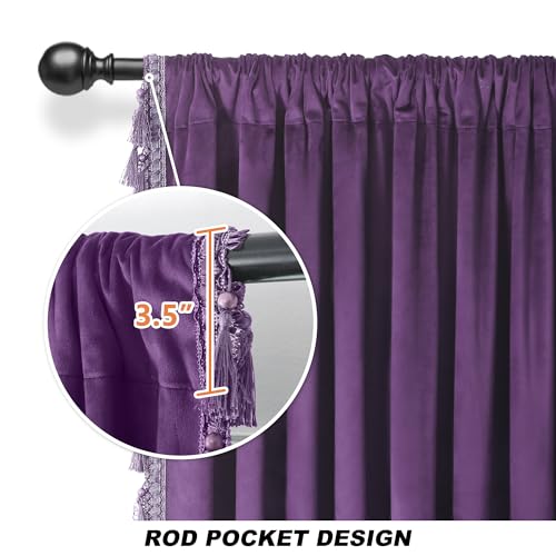 Fazhesici Purple Velvet Blackout Curtains, Rod Pocket 2 Panels, 52”W x 72”H | Velvet Drapes with Tassels, Thermal Soundproof Blackout Curtains for Living Room - color: Purple, size: 52"W x 72"L (Pack of 2)