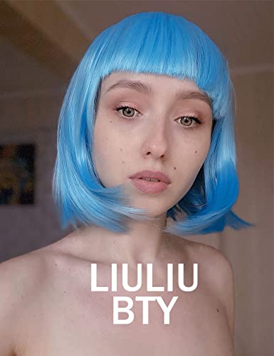 LIULIUBTY Short Bob Hair Wigs Straight with Flat Bangs Synthetic Colorful Cosplay Daily Party Neon Wig for Women + Free Wig Cap 15" Natural As Real - color: Blue