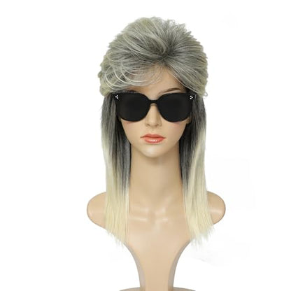 Mullet Wigs for Women Curly Shoulder Length Fluffy Hair 70s 80s Rocker Party Cosplay Synthetic Wigs (Blonde Mix Black) - color: w58-Blonde Mix Black