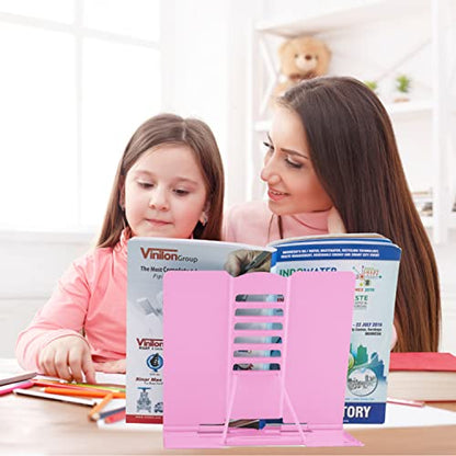 Honagu Book Stand Metal Desk Book Holder, Book Holders for Reading Hands Free, Adjustable Cookbook Documents Holder, Portable Bookstand for Music Books, Textbook, Recipe, Tablet, Ipad (Pink) - color: Pink