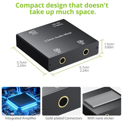 LiNKFOR 3.5mm Audio Mixer, 2-Channel Active Stereo Audio Mixer with Gold-Plated Connectors, Dual Input to Single Output, USB-C Powered, Plug & Play for PC, Phone, Tablet, MP3, Echo Dot
