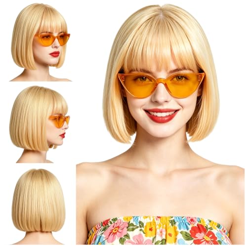 Short Bob Straight Hair Wigs with Bangs, Synthetic Fiber Colorful Hair, Cat Eye Glasses for Women (Light Gold) - color: Light Gold