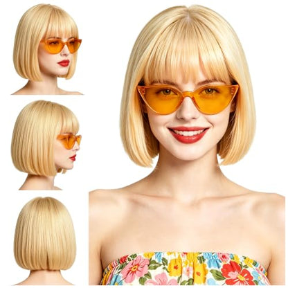 Short Bob Straight Hair Wigs with Bangs, Synthetic Fiber Colorful Hair, Cat Eye Glasses for Women (Light Gold) - color: Light Gold
