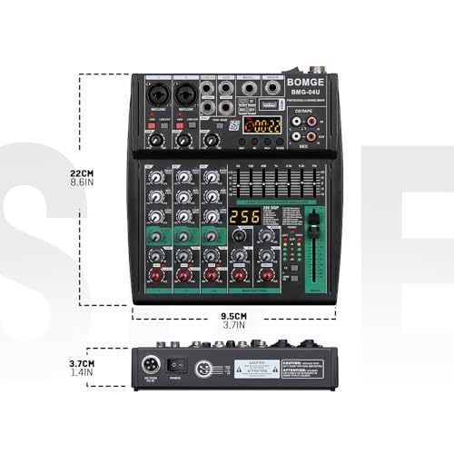 BOMGE Professional DJ audio mixer, 4 channel DJ mixer, Bluetooth sound mixer, supports USB/MP3/BT computer input,256DSP,48V phantom power suitable for DJ studio streaming recording