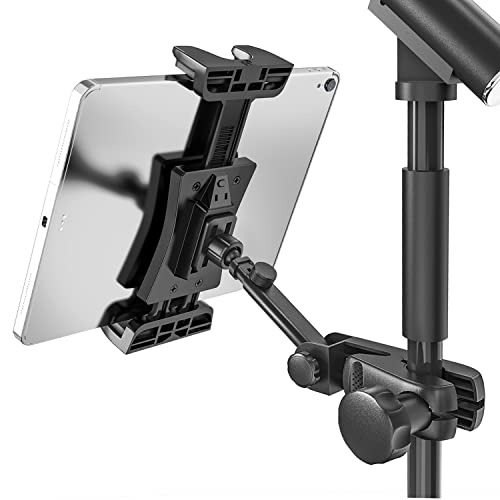 Tablet Holder for Microphone Stand, iPad Mount for Sheet Music Stand | 360° Swivel Tablet Phone Stand for Mic Stand/ Mic Tripod, for Musicians, Stage Use, Clip-on Mount Fits 4.7-12.9" Devices