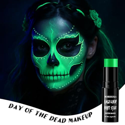 BOBISUKA Neon Green Face Paint Stick, Highly Pigmented Full Coverage Washable UV Glow Cream Face & Body Paint for Halloween Witch Skull Robot Alien Cosplay SFX, Sports Eye Black & Costume Party - color: Neon Green