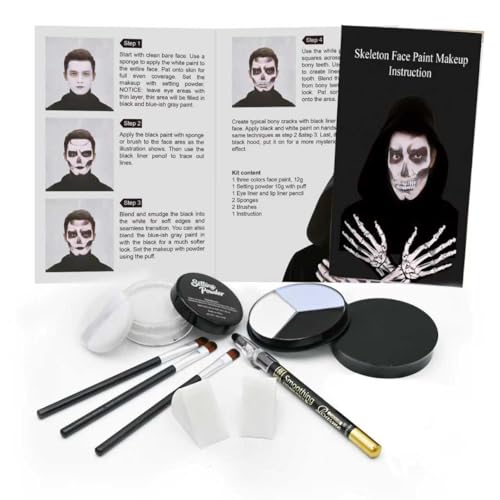 Professional Halloween Skeleton Makeup Kit, Full Face & Body Paint Set with Dual-End Brushes, Setting Powder & Easy-Grip Sponges, Ideal for SFX - color: Skeleyon Makeup Kit