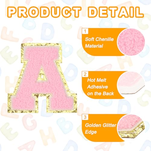 MECCANIXITY Chenille Letter Patches 3.1" Alphabet A Iron on Embroidered Patch Sew on Letter Stickers Applique for Repairing Clothing Jeans Shoes Hats DIY(Pink, Pack of 6) - style: Letter-A