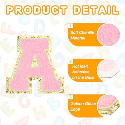 MECCANIXITY Chenille Letter Patches 3.1" Alphabet A Iron on Embroidered Patch Sew on Letter Stickers Applique for Repairing Clothing Jeans Shoes Hats DIY(Pink, Pack of 6) - style: Letter-A