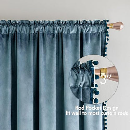 MIULEE Blue Pom Pom Velvet Blackout Curtains, W52 x L84, Set of 2 | Rod Pocket Curtains,Thermal Insulating,Blackout Curtains for Bedroom/Home Theater/Living Room Darkening - color: Dark Slate, size: 52"W x 84"L (Pack of 2)
