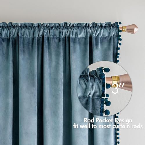 MIULEE Blue Pom Pom Velvet Blackout Curtains, W52 x L96, Set of 2 | Rod Pocket Curtains,Thermal Insulating,Blackout Curtains for Bedroom/Home Theater/Living Room Darkening - color: Dark Slate, size: 52"W x 96"L (Pack of 2)