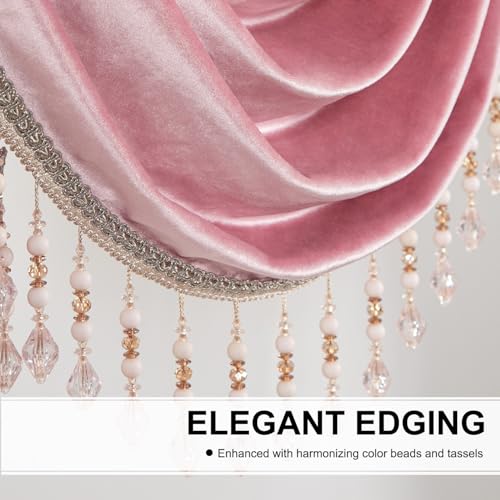 Grand Pink Velvet Waterfall Valance 138 Inches Wide, Luxury Swag Curtains with Thick Beaded Tassels, Elegant European Style Window Treatment for Master Bedroom & Open Concept Living Room - color: Pink, size: 138"W x 43"L (Pack of 1)