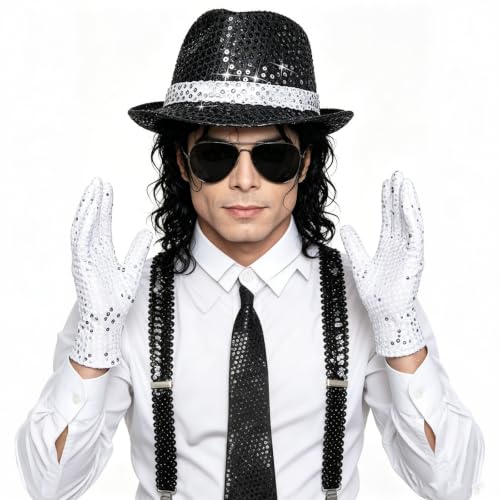 7PCS Pop Star Costume 70s 80s Disco Rock Super Star Dance Cosplay Accessories - Gloves Hat Sunglasses Tie Sequin Strap - color: Black