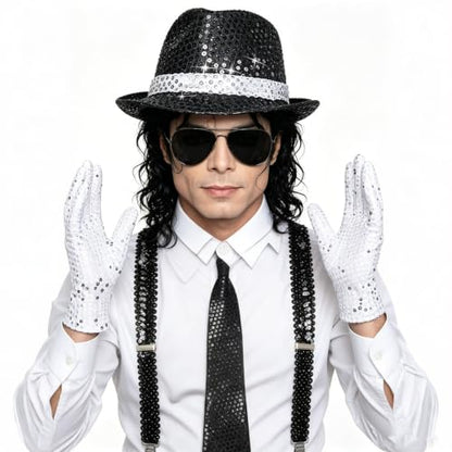 7PCS Pop Star Costume 70s 80s Disco Rock Super Star Dance Cosplay Accessories - Gloves Hat Sunglasses Tie Sequin Strap - color: Black