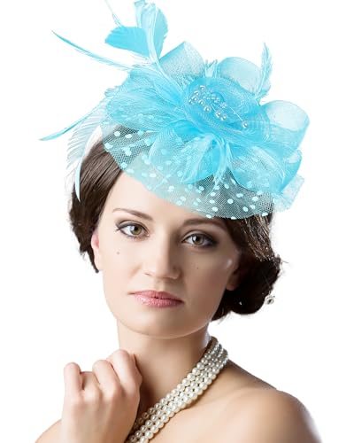Fascinator Tea Party Hat Women 20s 50s Wedding Cocktail Flower Mesh Feathers Hair Clip for Carnival Halloween - color: A-lake Blue