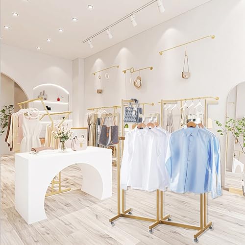 Floor Standing Metal Garment Rack - Heavy Retail Display Racks With Wheels | 8 Arms Clothing Rack, Square Tubing Portable Shirt Racks, Merchandise Display For Hanging Clothes (L-gold) - color: L-gold