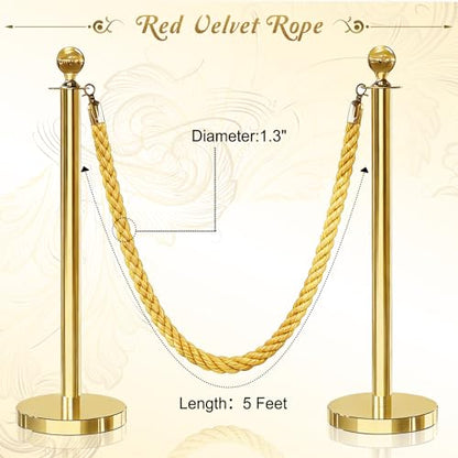 2PCS Gold Barrier Stanchion Rope 5 Ft Crowd Control Ropes Barrier with Gold Hooks for Party - color: Braided-Gold&Gold, size: 2PCS
