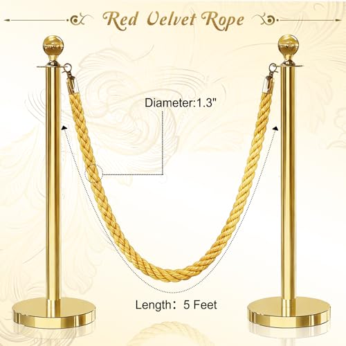 4PCS Gold Barrier Stanchion Rope 5 Ft Crowd Control Ropes Barrier with Gold Hooks for Party - color: Braided-Gold&Gold, size: 4PCS
