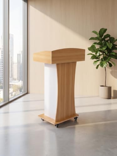 Portable Podium Stand with Metal Wheels, Rolling Podium with Drawer and Adjustable Shelf, Mobile Pulpit for Church, Wooden Lectern for Classroom Office Restaurant Conference (Oak White) - color: Oak+white