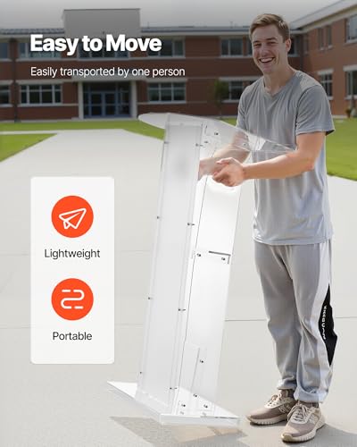 VEVOR Podium Stand, 43-Inch Acrylic Lectern, Portable Laptop Desk with Wide Reading Surface and Storage Shelf, Book Stopper, Floor-Standing, for Classroom, Wedding, Conference, Lecture and Concert - style: 43" White