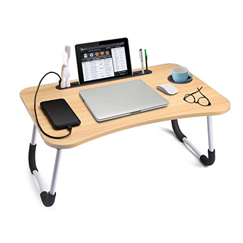 Slendor Foldable Lap Desk with Cup Holder for Bed, Couch, Floor | Portable,with USB Light, Fan, Pen Holder,Tablet Holder,for Laptop,Writing,Eating,Walnut - color: Brown