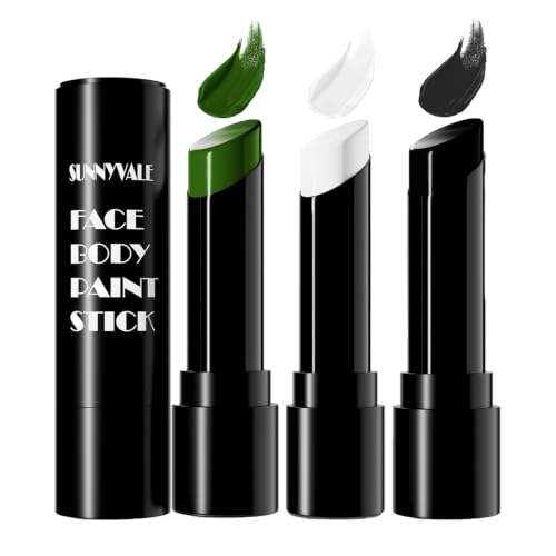 SUNNYVALE 3pcs of Black, White and Green Facial and Body Painting Sticks, Hypoallergenic Foundation, Suitable for Skeletons, Witches, Zombies, Monsters, Cosplay, SFX Halloween Makeup Kit - color: White & Black & Green