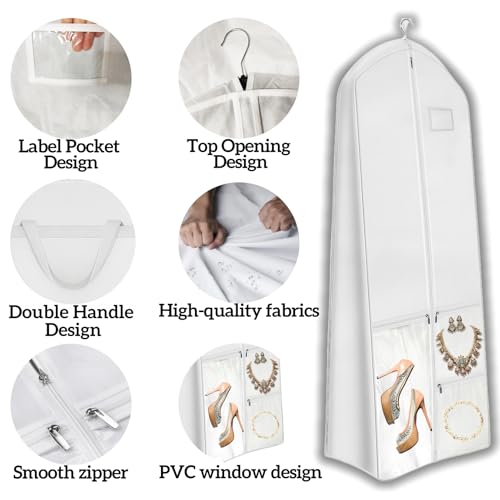 71" Long Wedding Dress Garment Bag with 10" Gusset, Bridal Gown Storage Cover with 4 Pockets, Foldable with 2 Handles, Dress Bag for Women Gowns,Prom,Ballgowns (A-White) - color: A-White