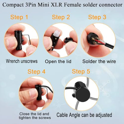 QIANRENON Compact Mini XLR Connector Solder Socket Gold Plated 3Pin Female Soldered Adapter Adjustable 90 Angle Female Welded Plug, Suit 1.5-3mm Cable, with 0.9mm Spanner - style: Female