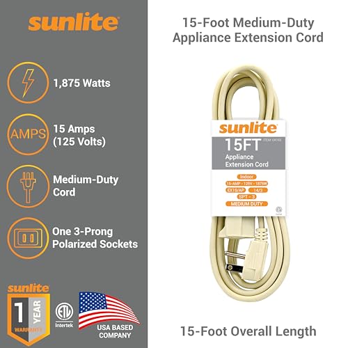 Sunlite 04165-SU EX15/AP Medium Duty 15-Foot Appliance Extension Cord, Three Prong, 14/3 Gauge, 15 Amp, Beige - size: 15'