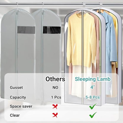 SLEEPING LAMB 60" Long Hanging Garment Bags for Closet Storage Gusseted Clear Dress Bag for Clothes, Gowns, Coats, Suits, 5 Packs - size: 60"