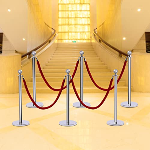 6PCS Stanchions and Velvet Ropes,4 Red 4.92" L Velvet Ropes and 37.4" H Stainless Steel Posts with Hollow Base, Crowd Control Barriers Stanchions, Carpet Runner Poles for Party Supplies,Sliver - color: Sliver
