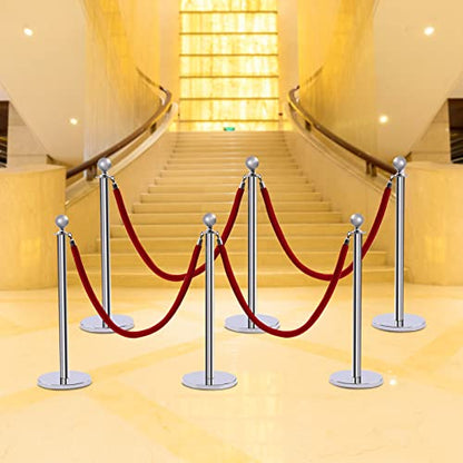 6PCS Stanchions and Velvet Ropes,4 Red 4.92" L Velvet Ropes and 37.4" H Stainless Steel Posts with Hollow Base, Crowd Control Barriers Stanchions, Carpet Runner Poles for Party Supplies,Sliver - color: Sliver