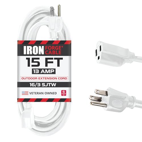 Iron Forge Cable 16 Gauge Heavy Duty White Extension Cord, 15 Ft - SJTW | 16/3 SJTW Cable, 3 Prong Grounded Plug, 13 Amp - For Landscaping, Leaf Blowers, Lights, Appliances - size: 15 Foot