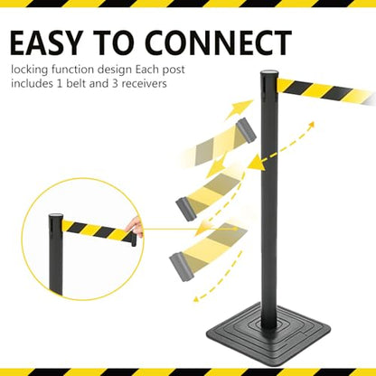 4 Pack Crowd Control Stanchions with 10FT Retractable Belt, 41" Black Queue Barriers with Heavy Rubber Base, Stable Stanchion Posts for Hotel, Airport, Bank, Store, Event(Yellow Black Stripe) - color: YELLOW BLACK STRIPE BELT