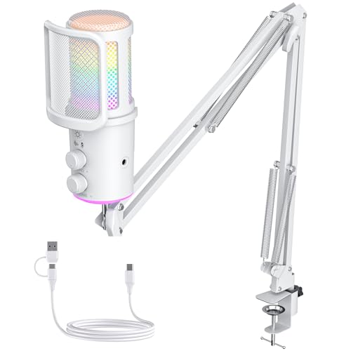 Gaming USB Microphone, Noise Cancellation Condenser Mic with Mute,Boom Arm Mic-Reverb Adjustment, Monitoring for Streaming, Podcasting, Discord, YouTube,PC, Computer, PS4, PS5, Mac-White