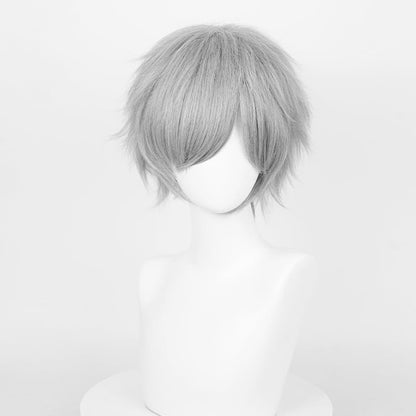 LABEAUTÉ Short Gray Anime Cosplay Wig Male Men Anime Layered Unisex Heat Resistant Hair Wig with Bangs for Party and Halloween for Gift + Free Cap - color: Gray