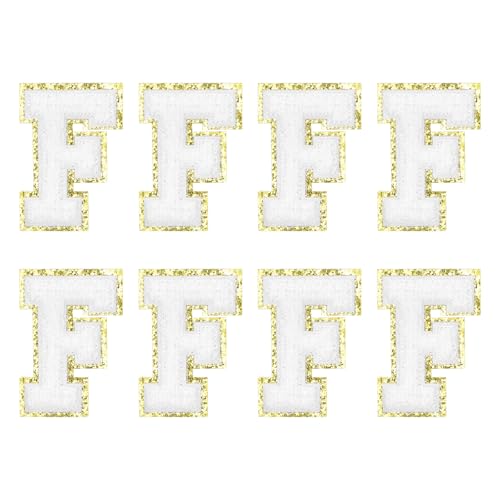 MECCANIXITY Chenille Letter Patches 2.2" Self Adhesive Alphabet F Stick on Embroidered Patch Sew on Letter Stickers Applique for Repairing Clothing Jeans Shoes Hats DIY(White, Pack of 8) - style: Letter F