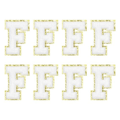 MECCANIXITY Chenille Letter Patches 2.2" Self Adhesive Alphabet F Stick on Embroidered Patch Sew on Letter Stickers Applique for Repairing Clothing Jeans Shoes Hats DIY(White, Pack of 8) - style: Letter F