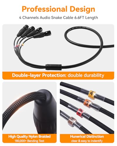 4-Channel XLR Snake Cable, 99.99% OFC Professional Snake Cables 6.6ft, Neutrik-Rean Gold Connectors, Nylon Braided Male to Female Microphone XLR Patch Cables Snake for Recording - size: 6.6ft